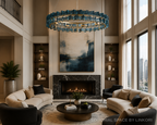 modern blue glass chandelier in contemporary luxury living room with sculptural interior and warm ambient lighting – LINKORI PRUTIKE