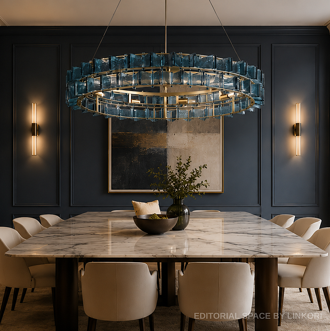 modern blue glass chandelier above marble dining table in contemporary luxury dining room interior – LINKORI PRUTIKE