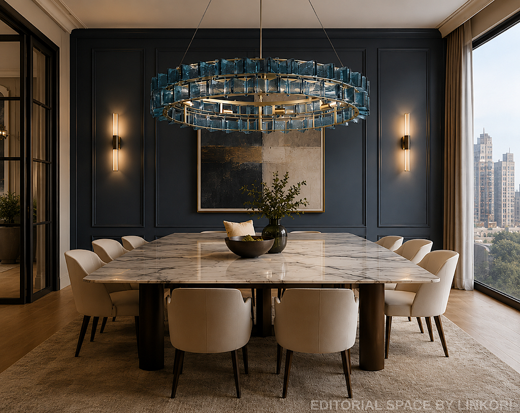 modern blue glass chandelier above marble dining table in contemporary luxury dining room interior – LINKORI PRUTIKE