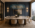 modern blue glass chandelier above marble dining table in contemporary luxury dining room interior – LINKORI PRUTIKE