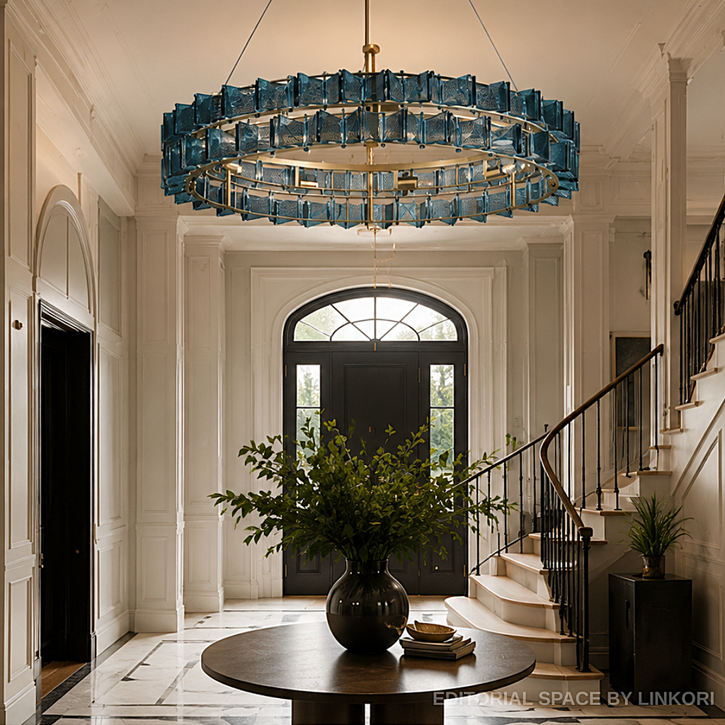 sculptural blue glass chandelier in elegant luxury foyer with marble flooring and curved staircase – LINKORI PRUTIKE