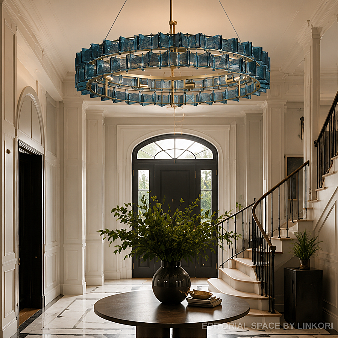 sculptural blue glass chandelier in elegant luxury foyer with marble flooring and curved staircase – LINKORI PRUTIKE