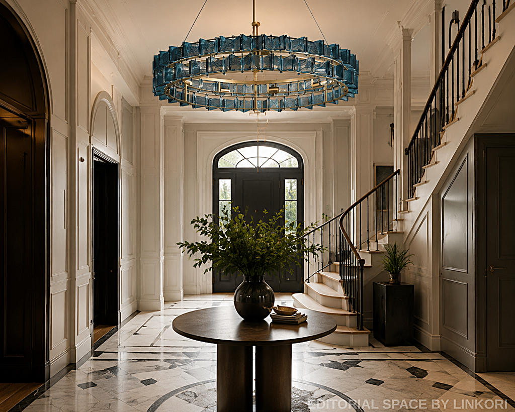 sculptural blue glass chandelier in elegant luxury foyer with marble flooring and curved staircase – LINKORI PRUTIKE