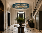 sculptural blue glass chandelier in elegant luxury foyer with marble flooring and curved staircase – LINKORI PRUTIKE