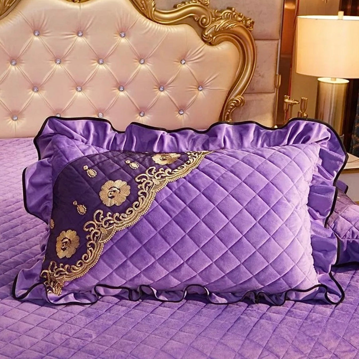 Purple velvet duvet cover with cascading ruffles and gold embroidery, regal bedroom decor