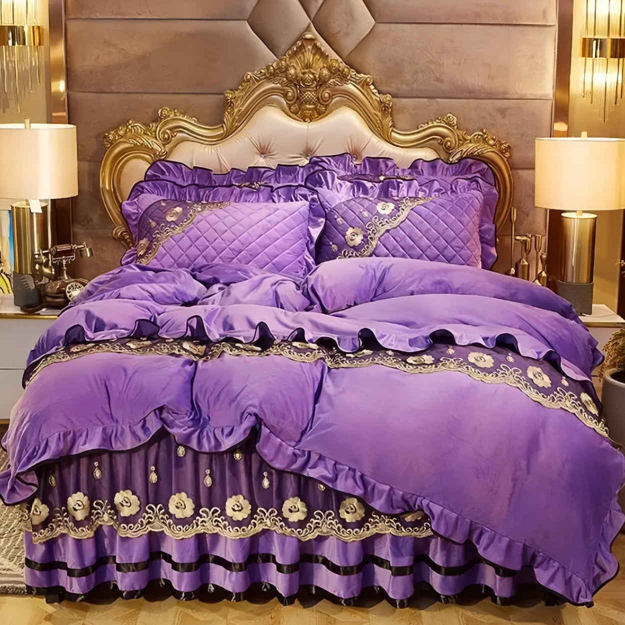 Purple velvet duvet set styled for boutique hotel bedroom and royal luxury interiors