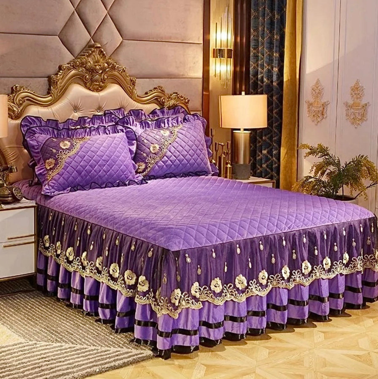 Royal purple velvet comforter set with ornate bed skirt, Victorian-style bedroom luxury