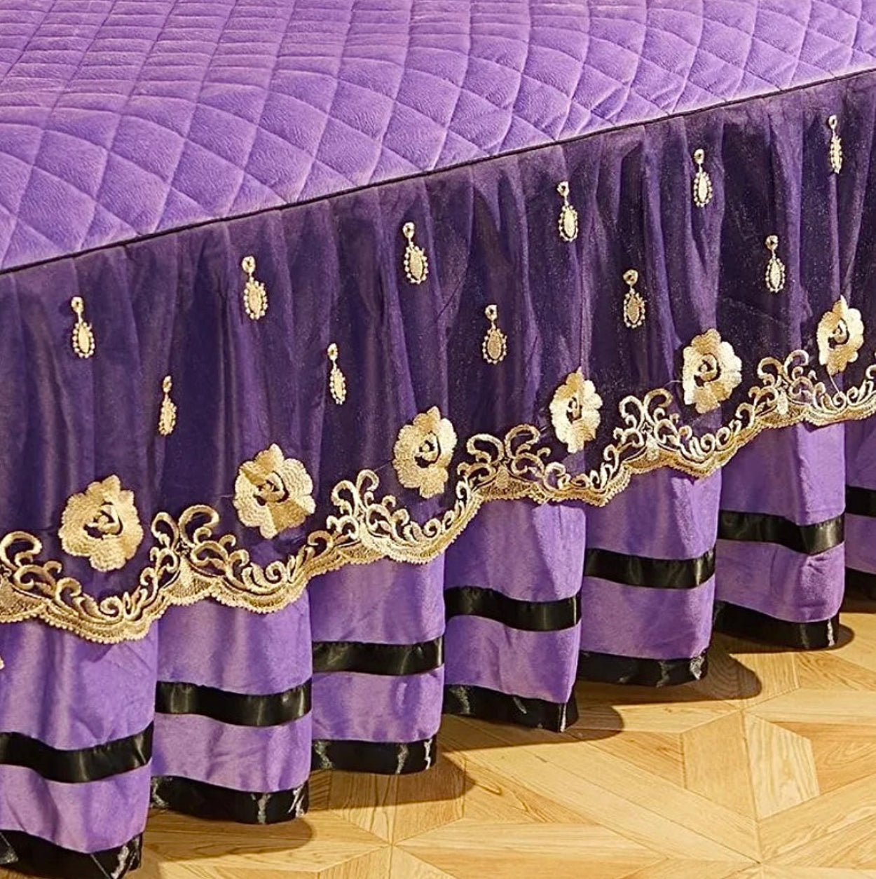 Luxury fleece velvet purple bedding with golden floral embroidered design for princess interiors
