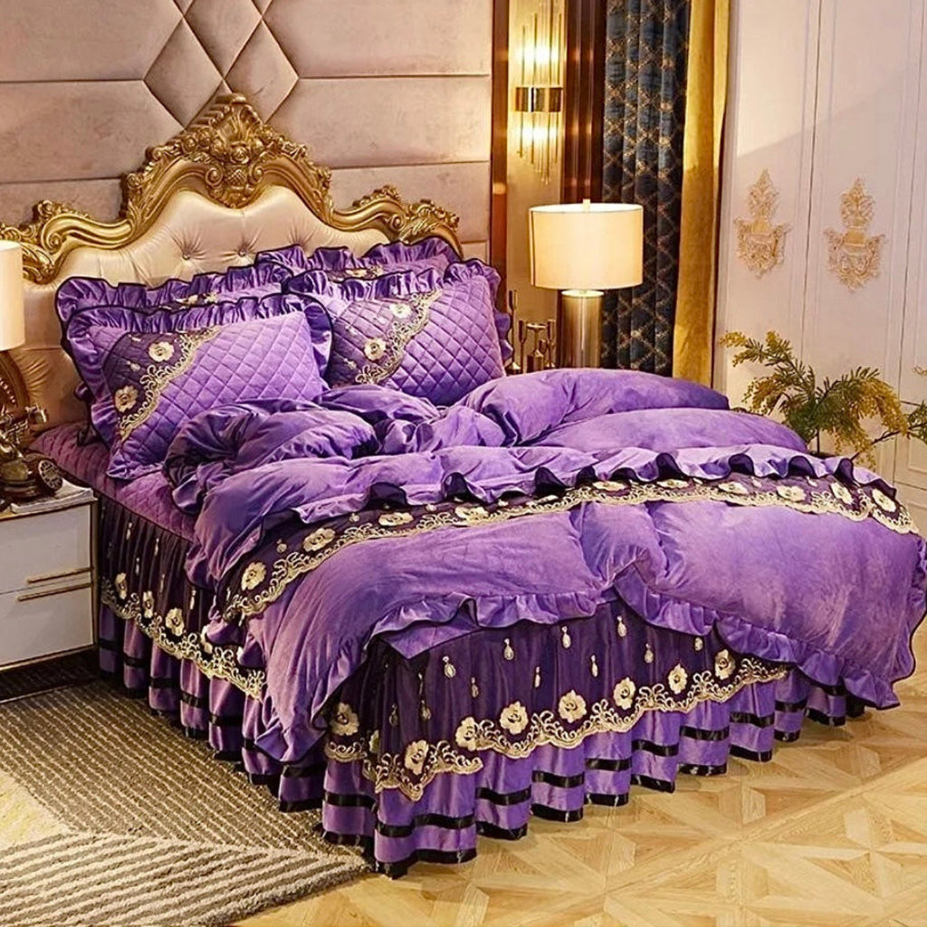 Royal purple velvet bedding set, LINKORI The Velvet Purple quilted fleece with palace elegance
