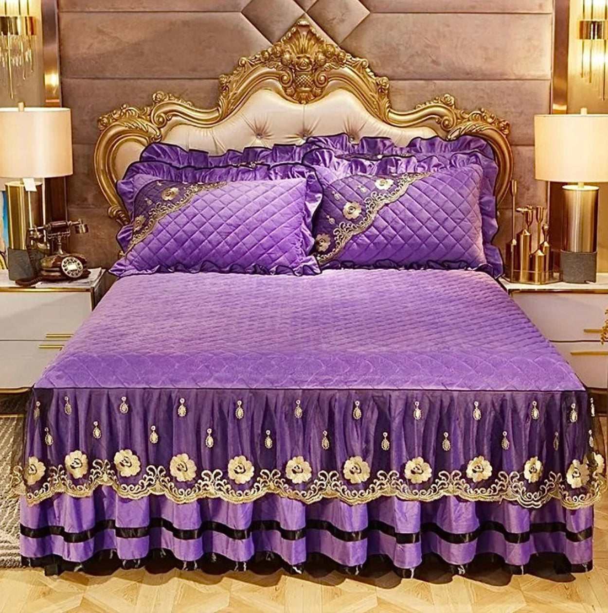 Embroidered purple velvet bedding with intricate golden florals, modern luxury bedroom design
