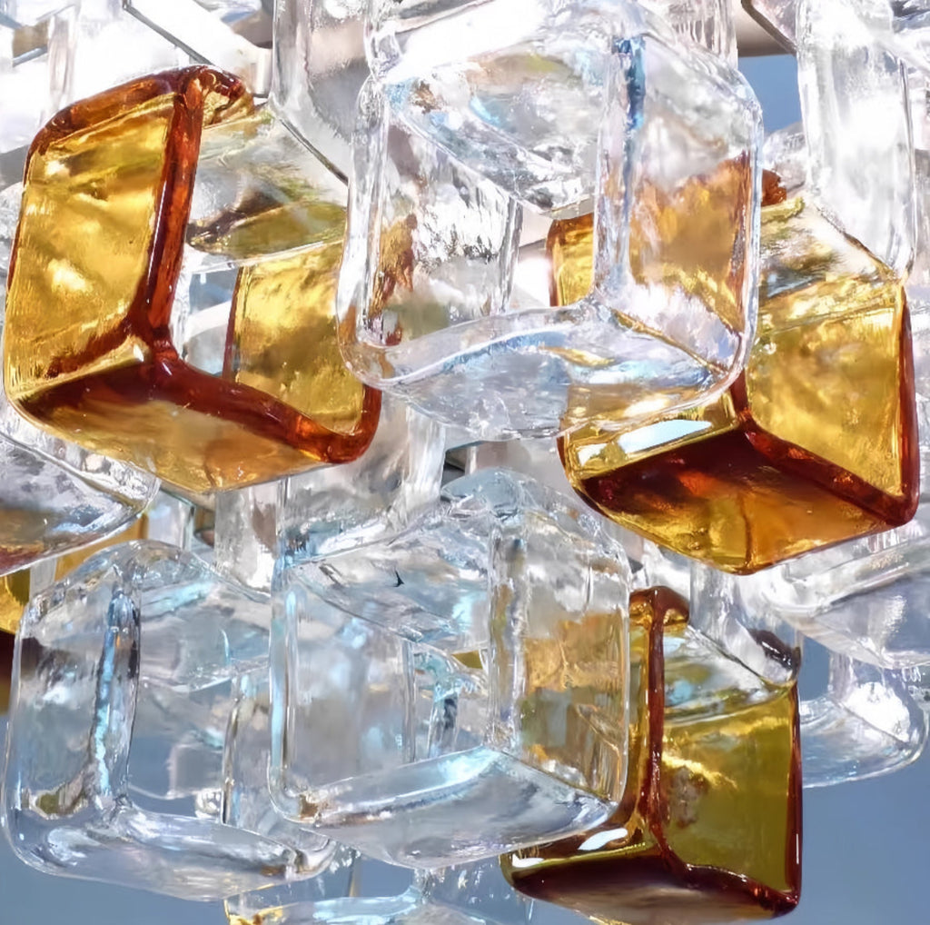 Handcrafted amber & clear glass cubes — vintage geometric chandelier detail with high-sparkle texture, sculptural stacked tiers for statement lighting | LINKORI CUBLIQUE close-up
