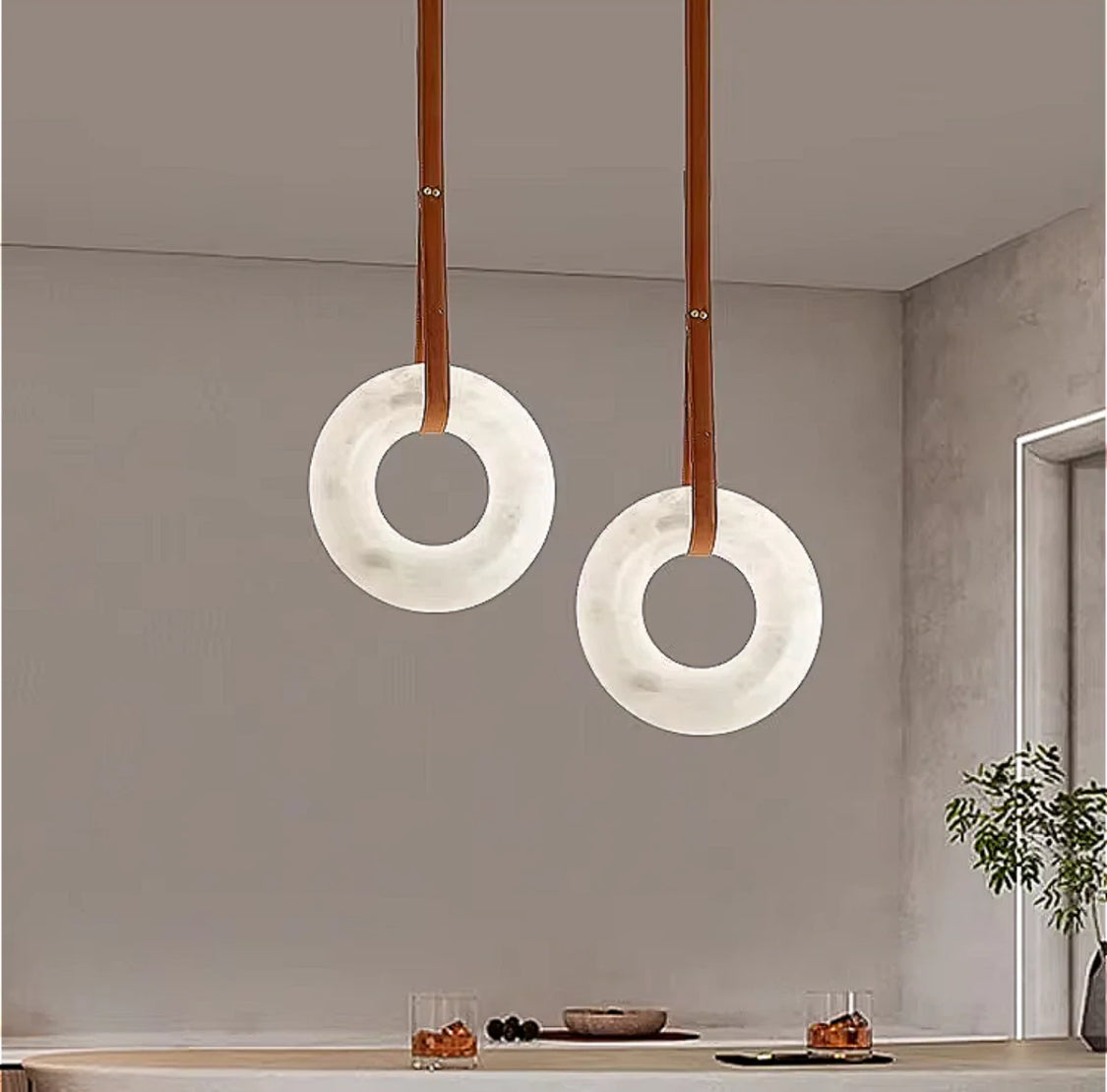 Alabaster Ring Chandelier – Sculptural Spanish Stone & Leather