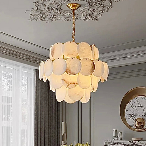 4-tier alabaster chandelier for modern dining room, sculptural natural stone pendant lighting with warm ambient glow | LINKORI RODDLE