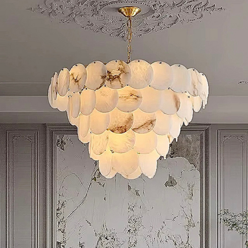 5-tier alabaster disc chandelier for quiet luxury interiors, modern gold natural stone lighting for refined living rooms and foyers | LINKORI RODDLE