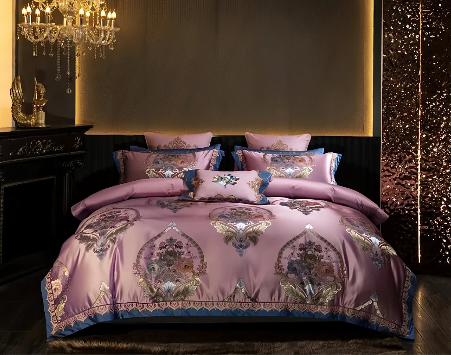 Royal baroque pink medallion satin duvet cover Egyptian cotton quilted bedspread luxury set