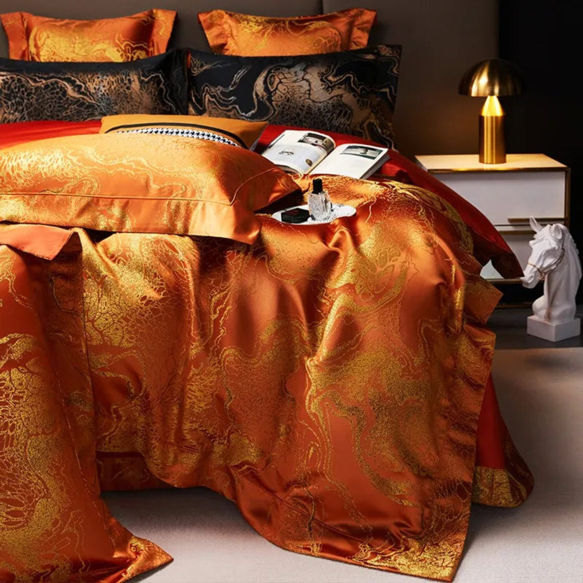 Burnt orange satin duvet cover, 1000TC Egyptian cotton reverse, pillowstack side view — LINKORI The Royal Orange