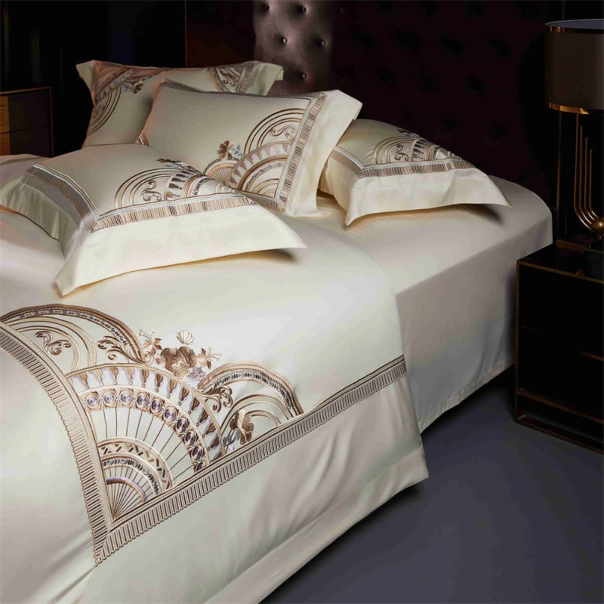 Art Deco inspired ivory gold bedding set with architectural embroidered border design