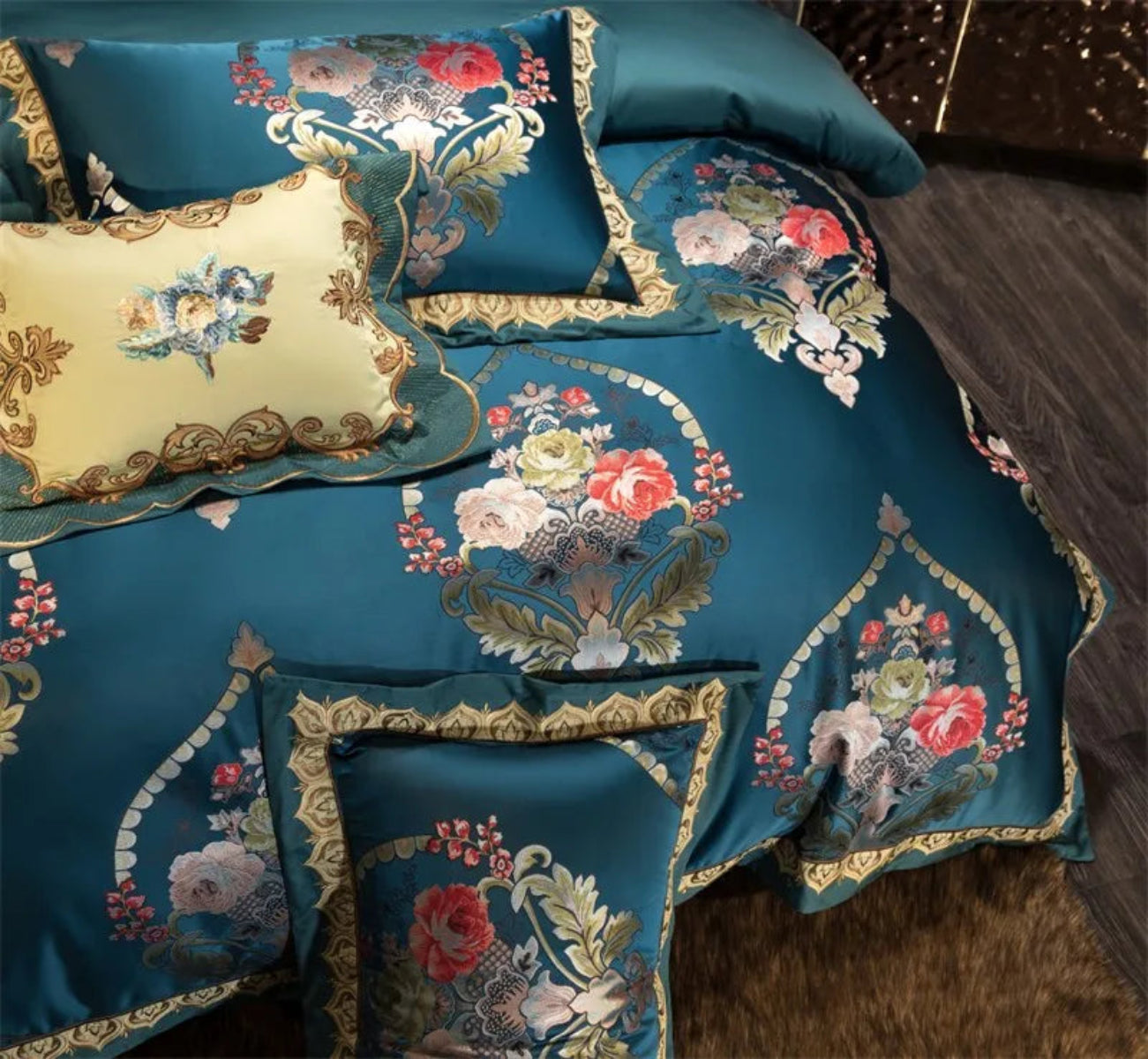 Teal-blue baroque floral duvet cover set in satin jacquard with 1000TC Egyptian cotton