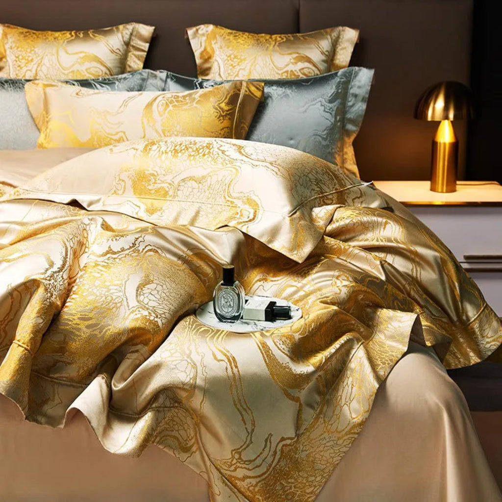 High-end silk feel gold satin jacquard duvet cover set in contemporary bedroom