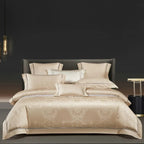 Gold damask jacquard duvet cover set with 1200TC Egyptian cotton satin and architectural design patterns