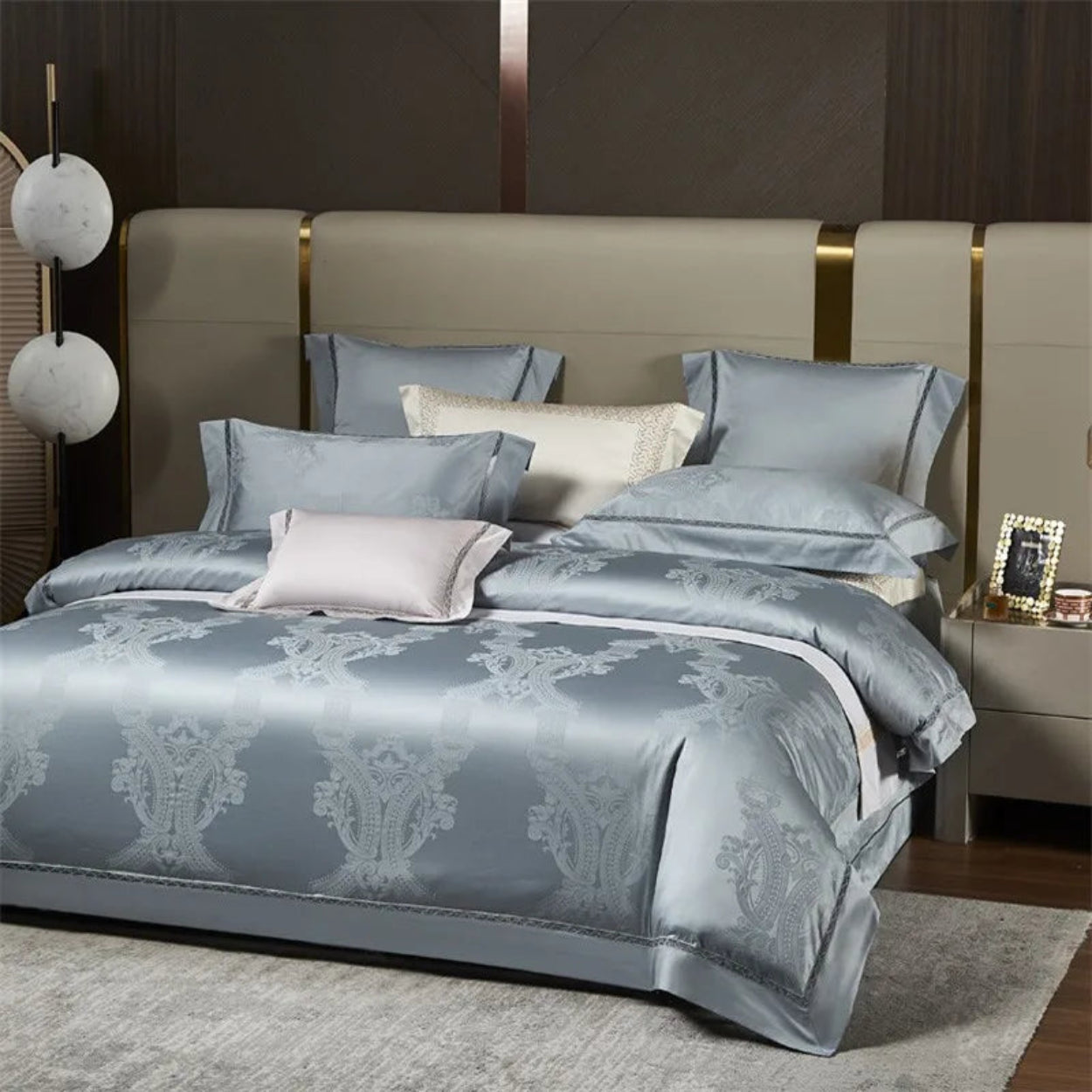 Premium 1200 thread count cotton satin duvet cover with sophisticated sky blue damask jacquard design