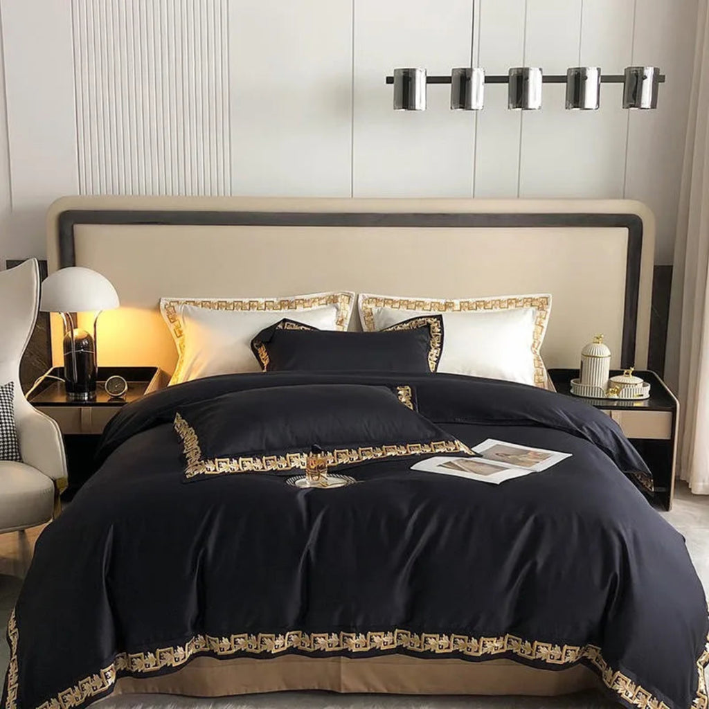 Designer black bedding with gold embroidered leaf border, Egyptian cotton luxury duvet cover set 4-piece – LINKORI Blacklabel
