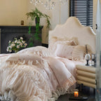 Classic bedroom full set — blush pink ruffle-lace bedding, 4-piece set with heart-quilted bed skirt, 100% cotton twill, vintage romantic style — LINKORI Rubylace Pink