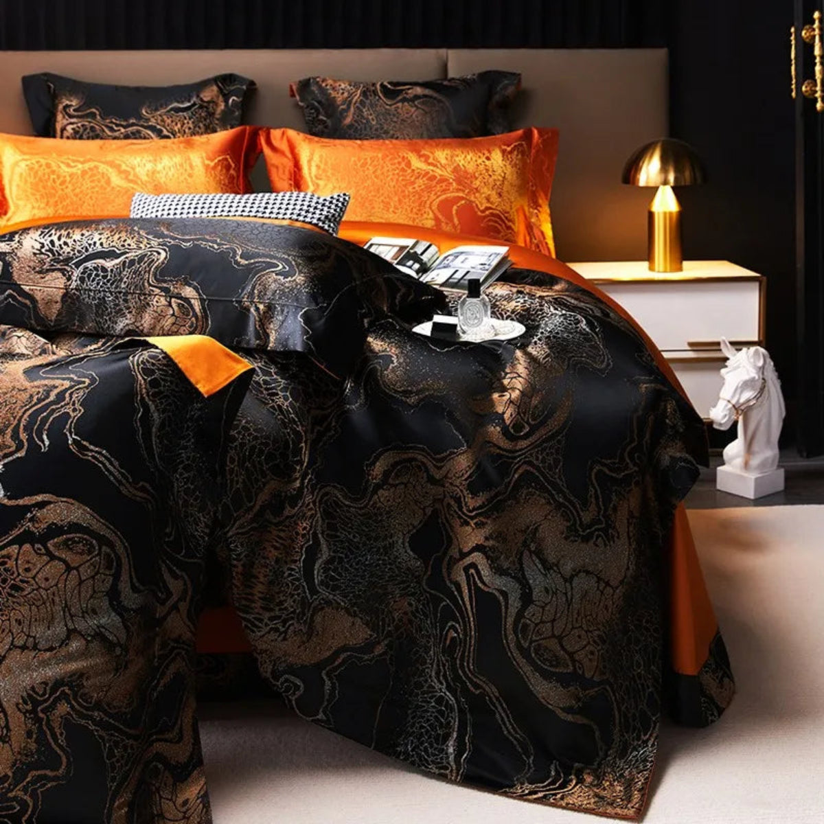 Linkori Royal Black jacquard luxury bedding collection in contemporary bedroom
