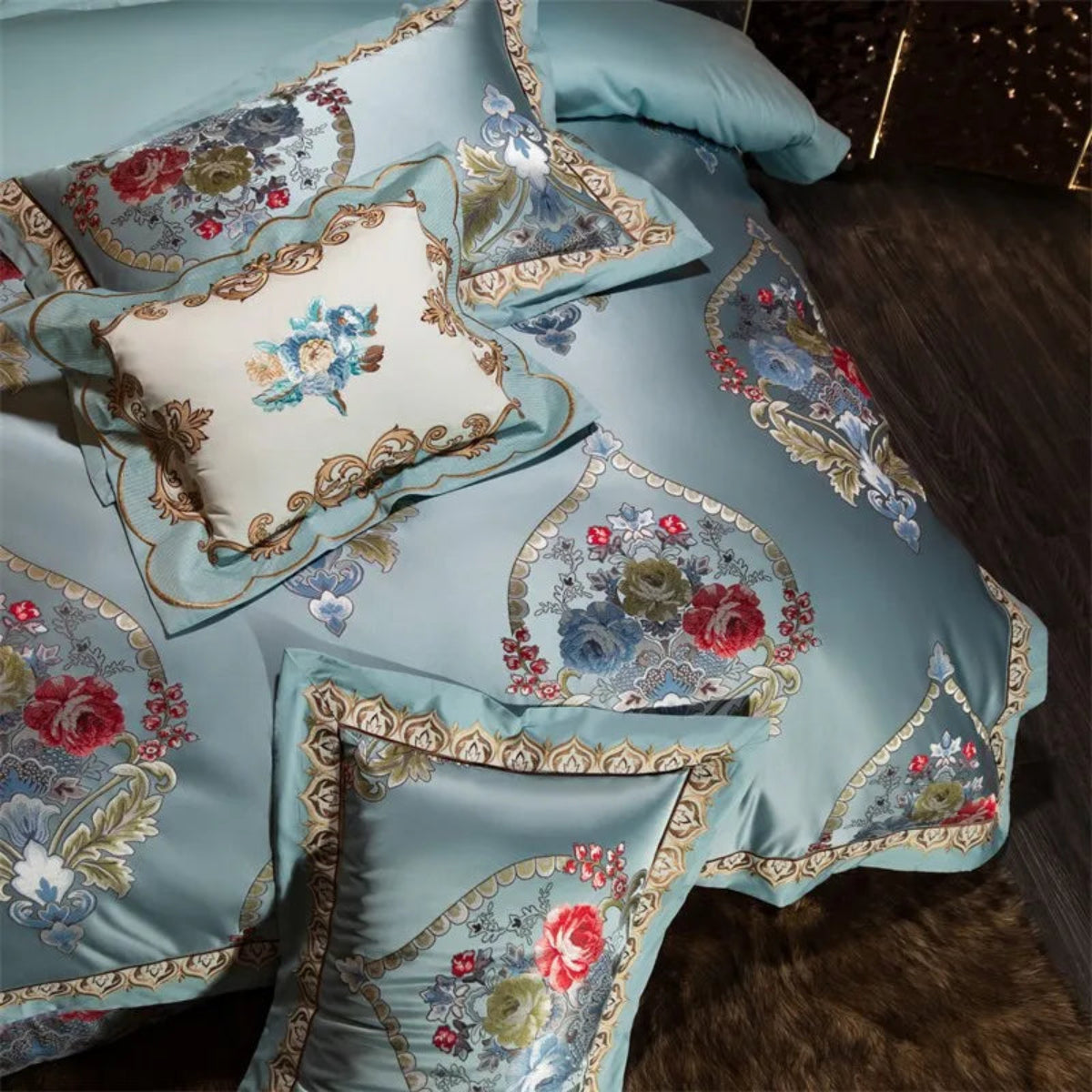 Luxury aqua baroque bedding styled in modern glam master bedroom