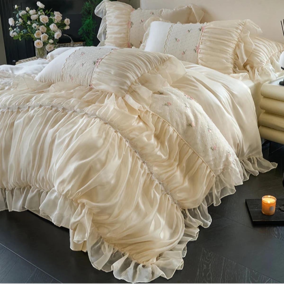 Neutral bedroom full set — cream ivory lace ruffle bedding, 100% cotton twill with diamond floral embroidery, 4-piece set (duvet cover, heart-quilted bed skirt, 2 pillowcases), lace detail close-up, LINKORI Rubylace Ivory