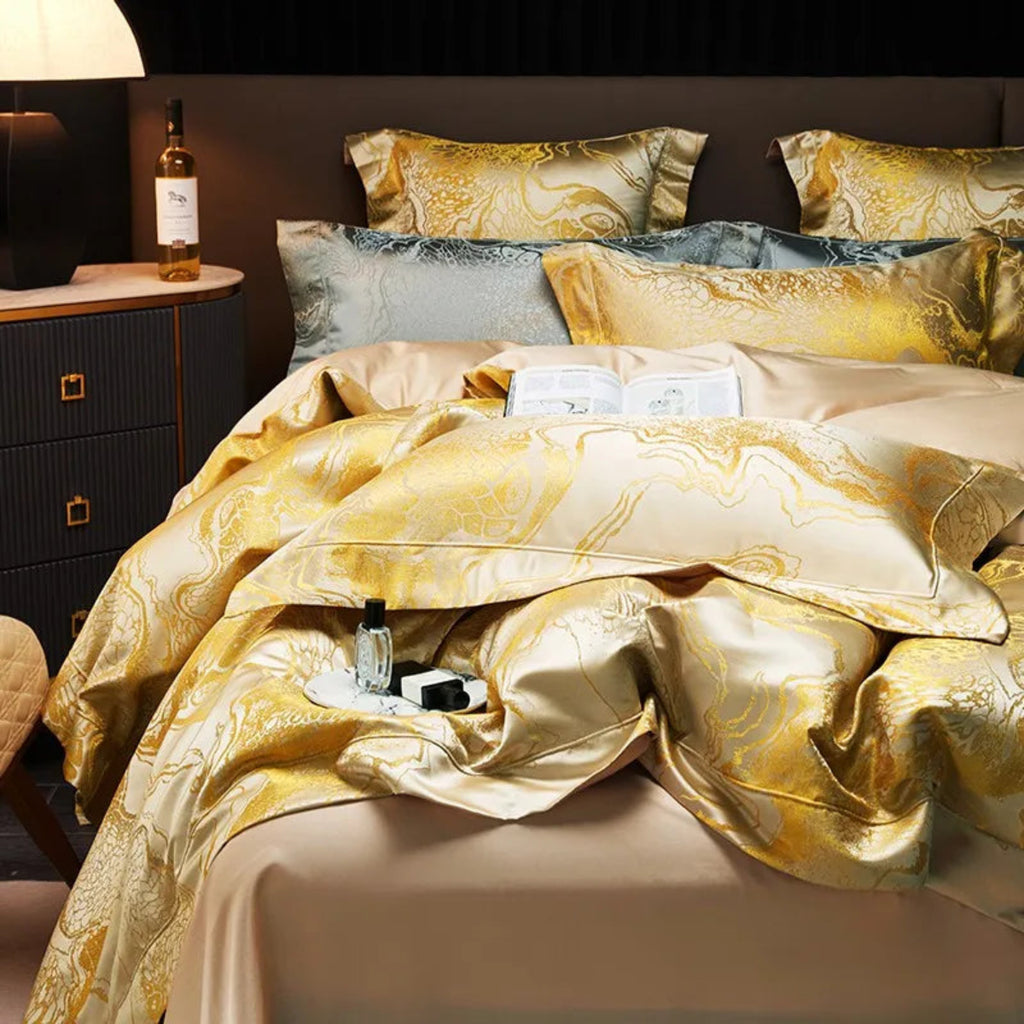 Asian inspired luxury bedding with traditional dragon motifs bedroom decor
