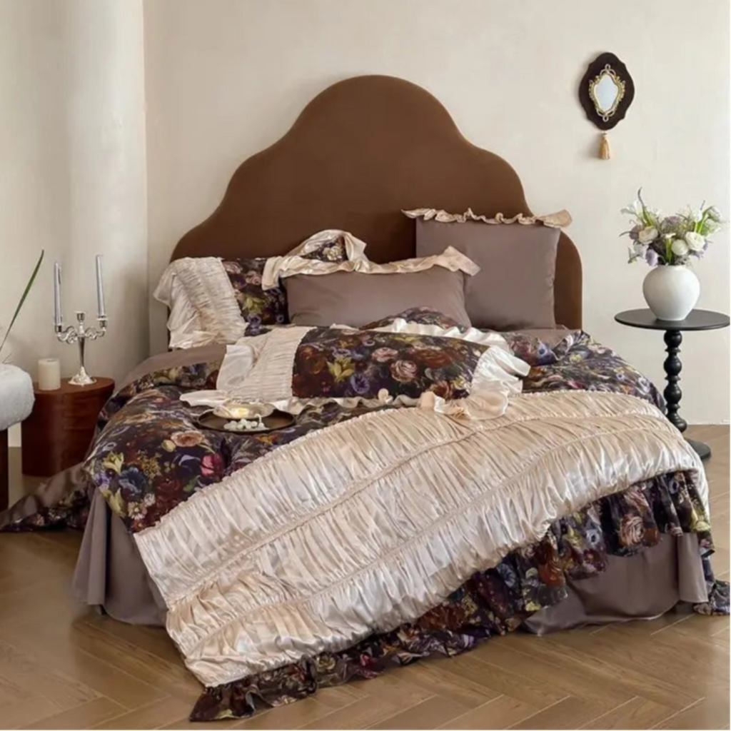 Neutral bedroom full set, ivory-beige shimmer ruffled lace bedding with floral print duvet cover, 4-piece Egyptian cotton set – LINKORI Roselace