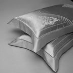 Elegant geometric jacquard duvet cover in silver cotton satin with architectural gallery-inspired design