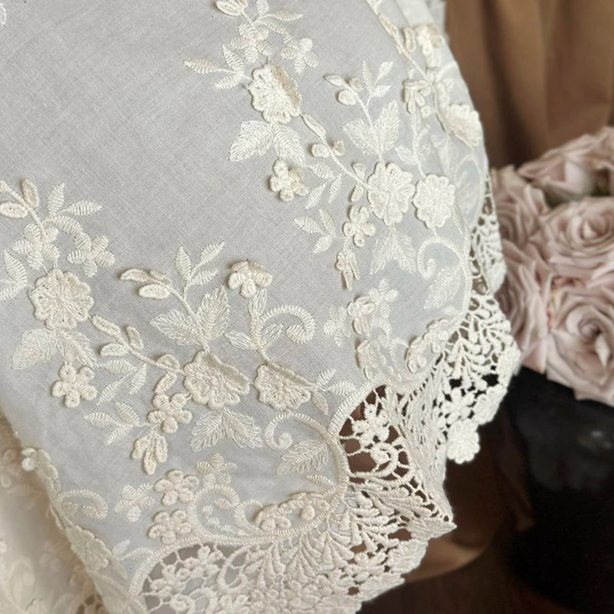 Luxury duvet cover with embroidered floral lace trim, brown ruffled base and ivory lace overlay, crafted from sustainable materials for a relaxing bedroom sanctuary – LINKORI Florlace