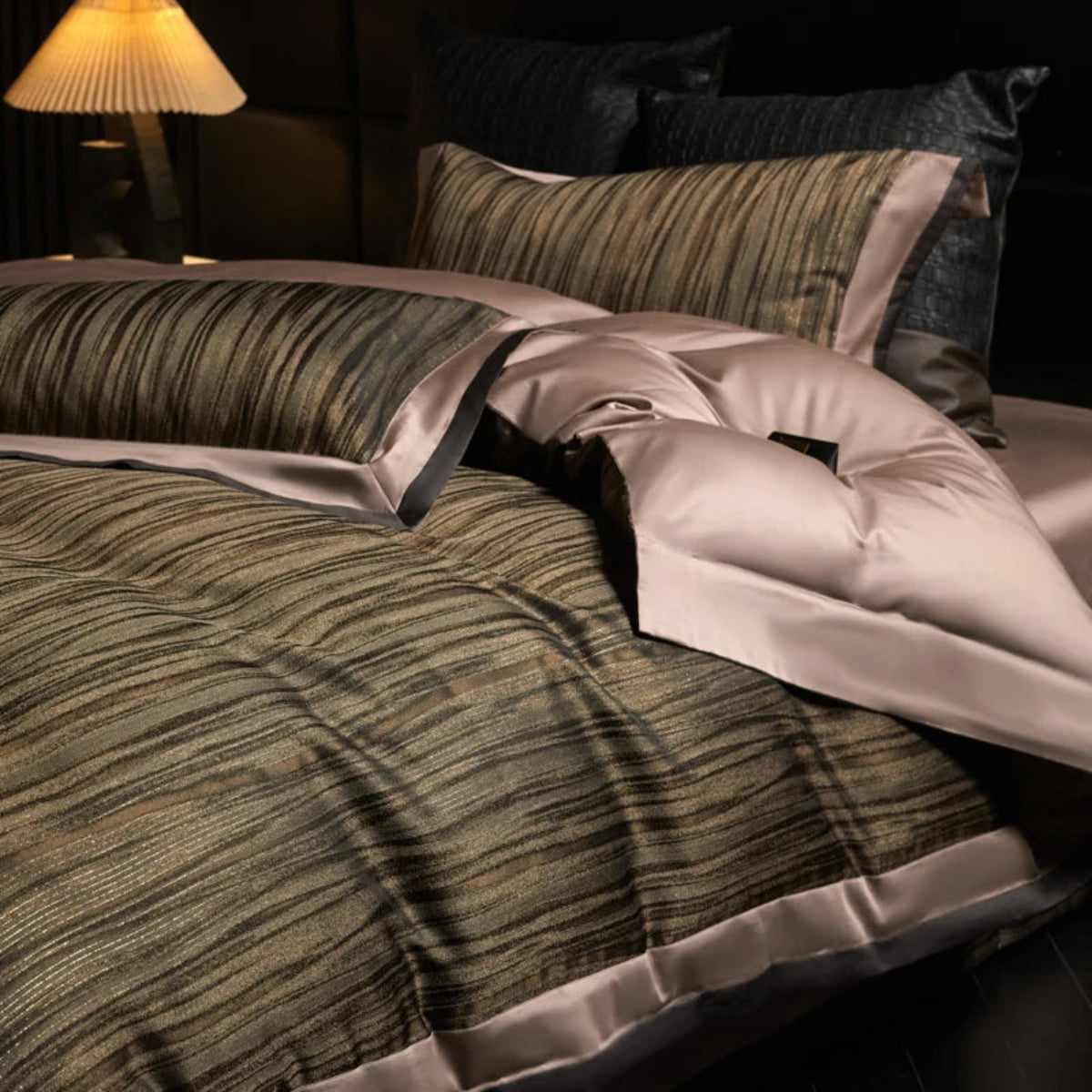 Brown & gold shimmer satin duvet cover set with striped design for modern glam bedroom décor