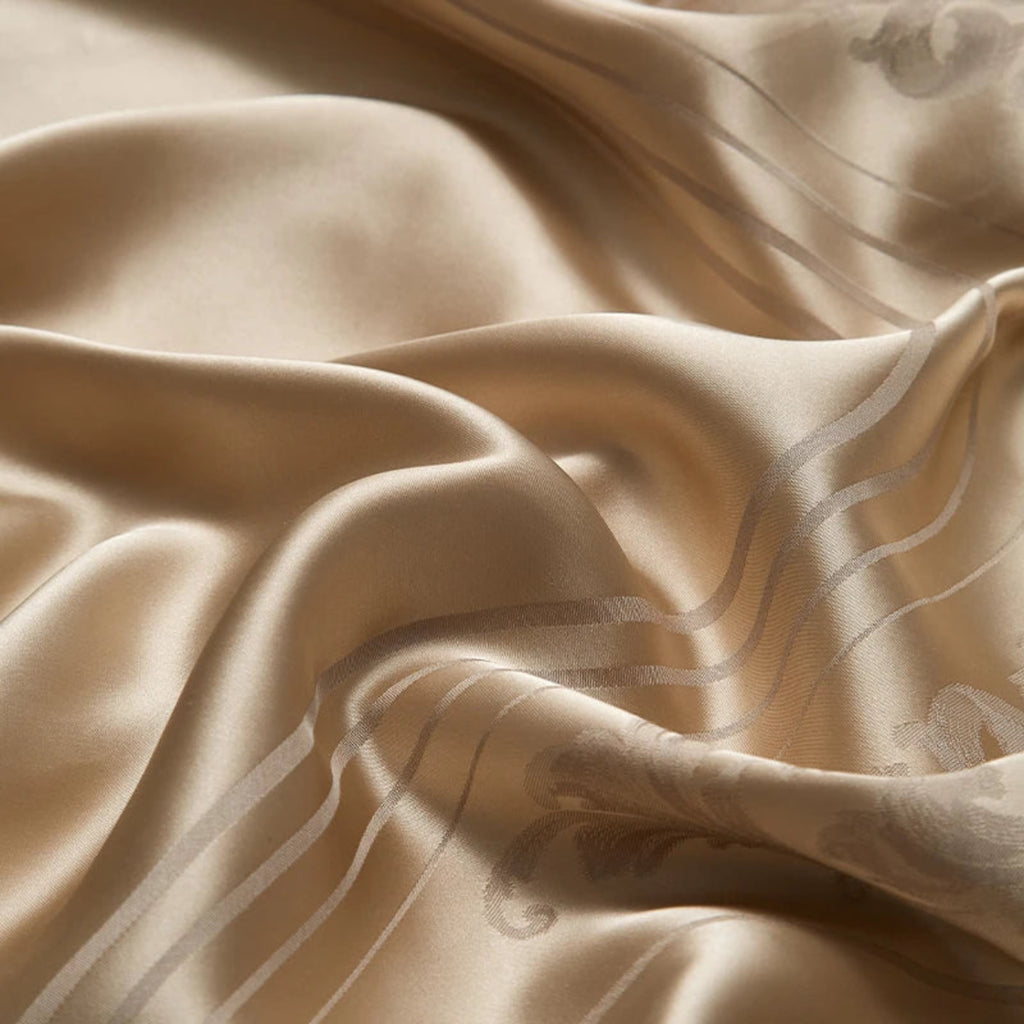 Sophisticated champagne gold bedding collection with 1000TC cotton satin fabric and architectural jacquard details — LINKORI Metalad Gold.