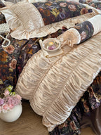 Glossy beige shimmer ruffles layered over vintage floral duvet cover, 1000TC Egyptian cotton bedding – LINKORI Roselace