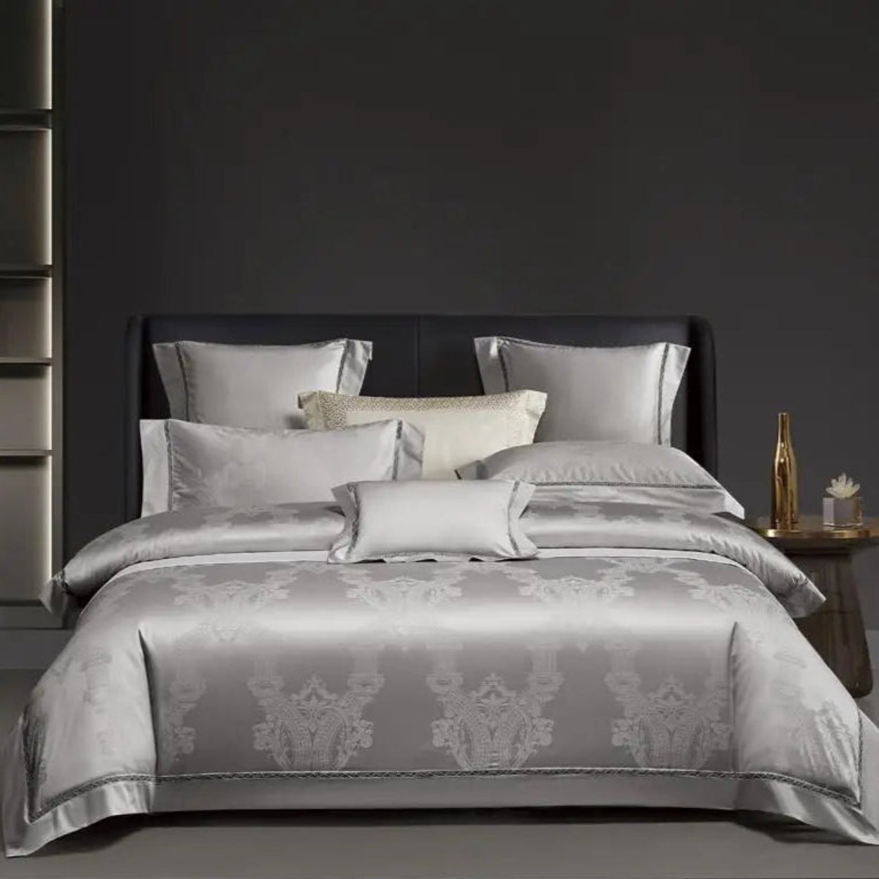 Platinum silver grey damask jacquard duvet cover set with 1200TC Egyptian cotton satin and architectural design patterns in modern bedroom
