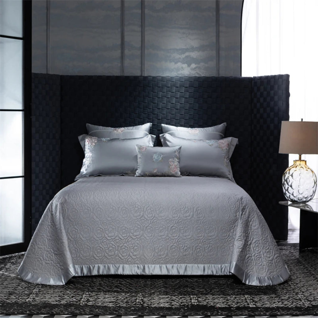 Elegant grey floral embroidered quilted bedspread - premium cotton satin bedding for romantic bedrooms