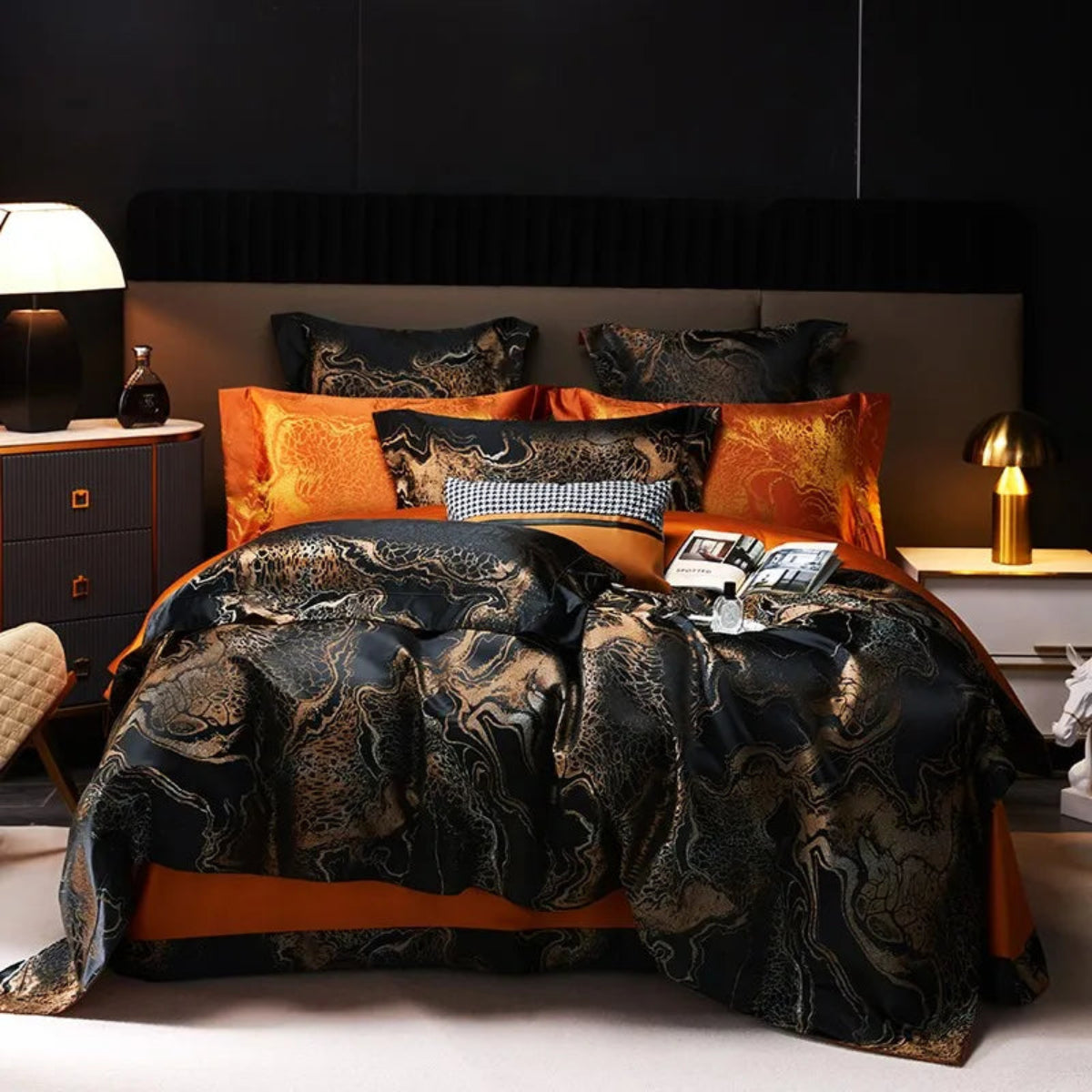Black jacquard duvet cover set with copper threading luxury bedding