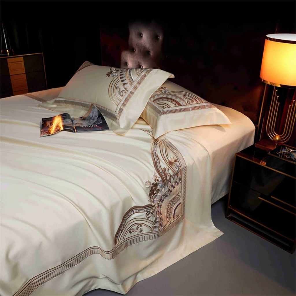 Designer ivory gold geometric bedding luxury embroidered cotton duvet cover hotel grade