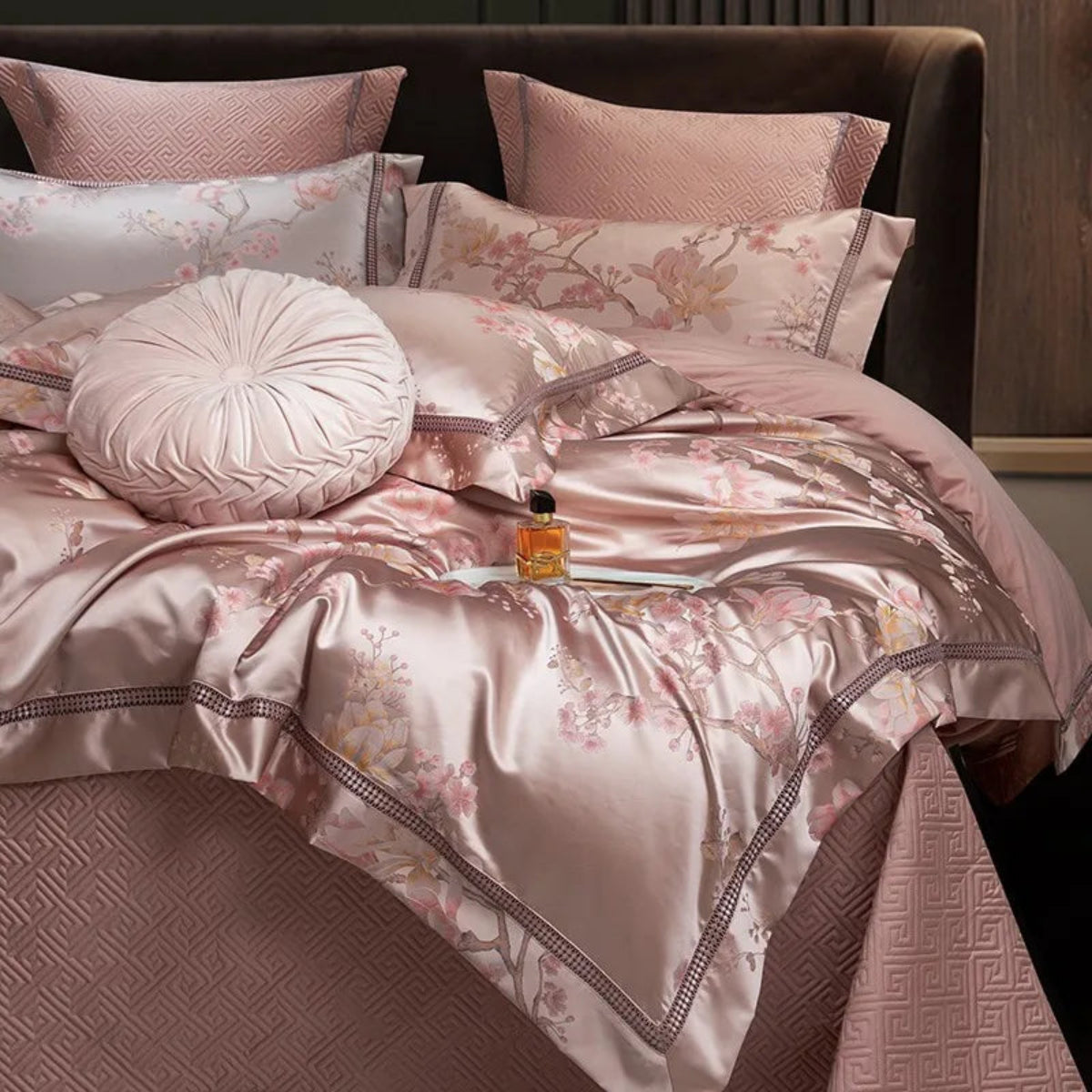 Luxury Egyptian cotton satin blush pink floral pattern duvet cover designer bedding