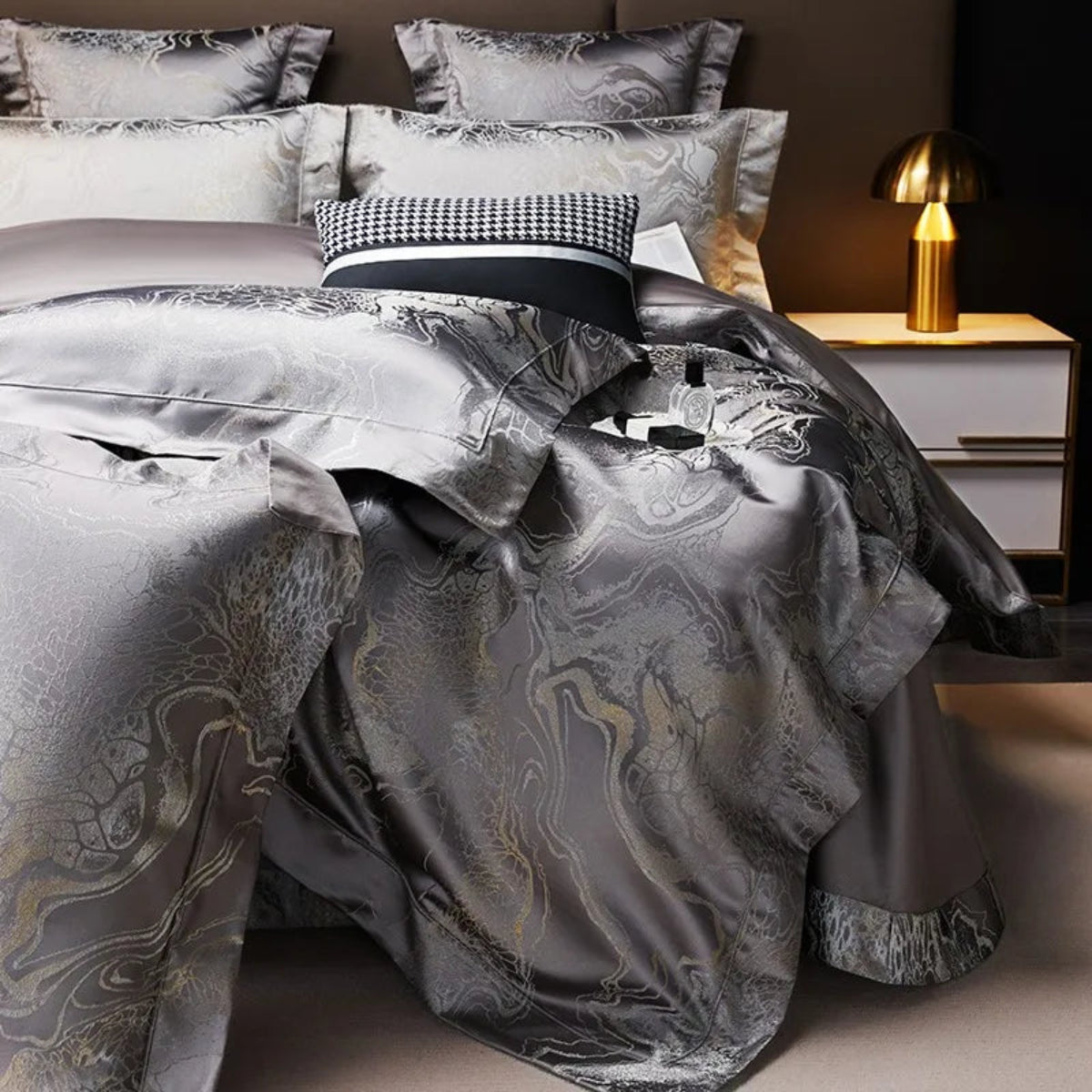 LINKORI Royal Deep Grey duvet cover set featuring rich charcoal jacquard fabric with Asian imperial patterns
