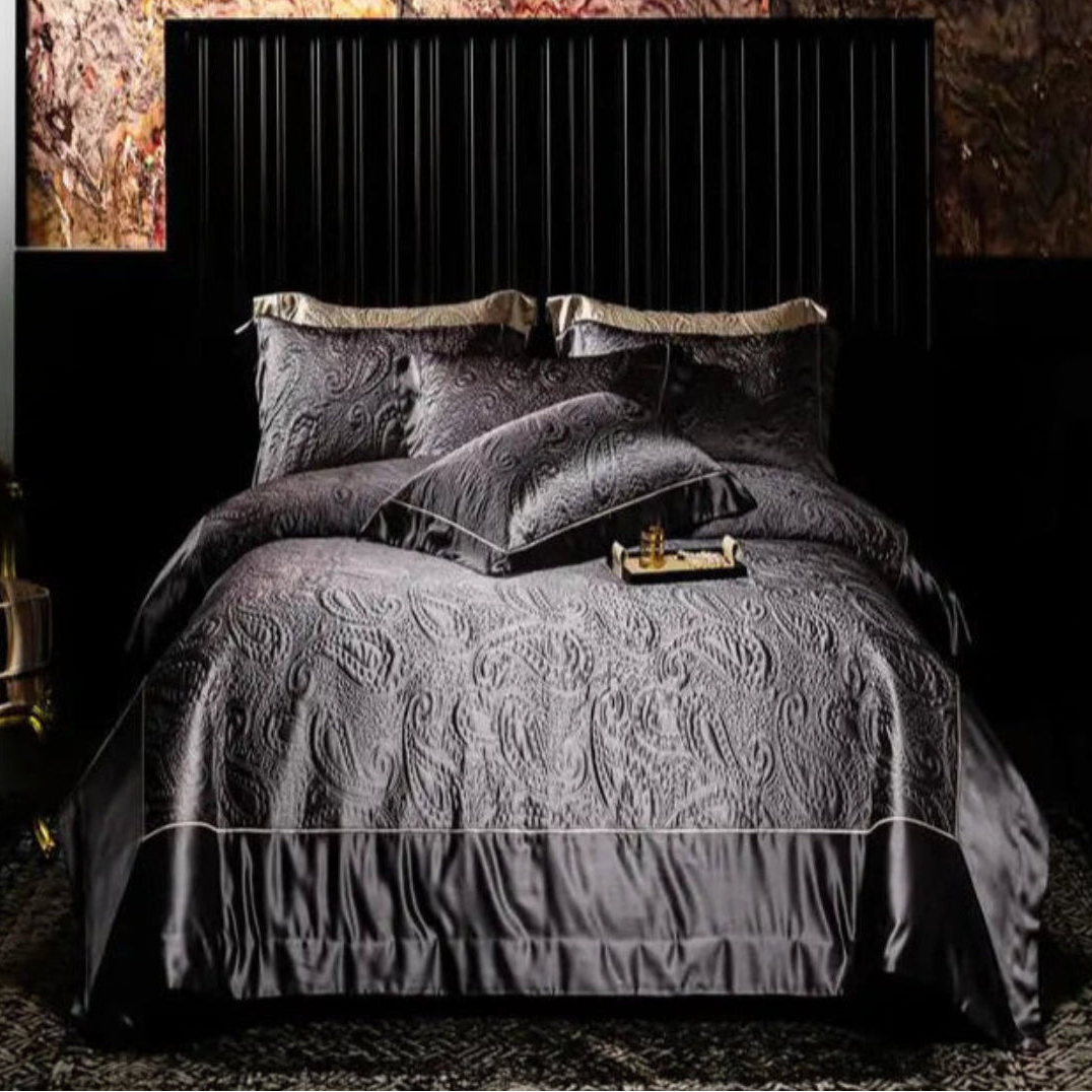 Modern bedroom styled with deep grey satin jacquard duvet cover set, paisley embossed design, and cotton blend elegance