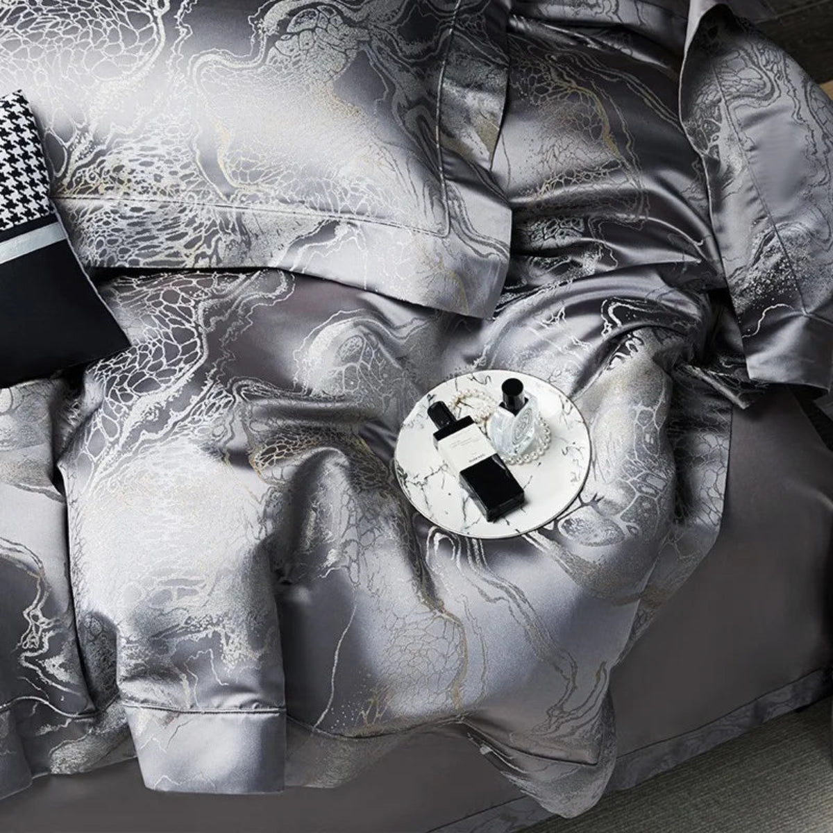 Sophisticated charcoal grey jacquard bedding set with intricate Oriental patterns and metallic thread detailing