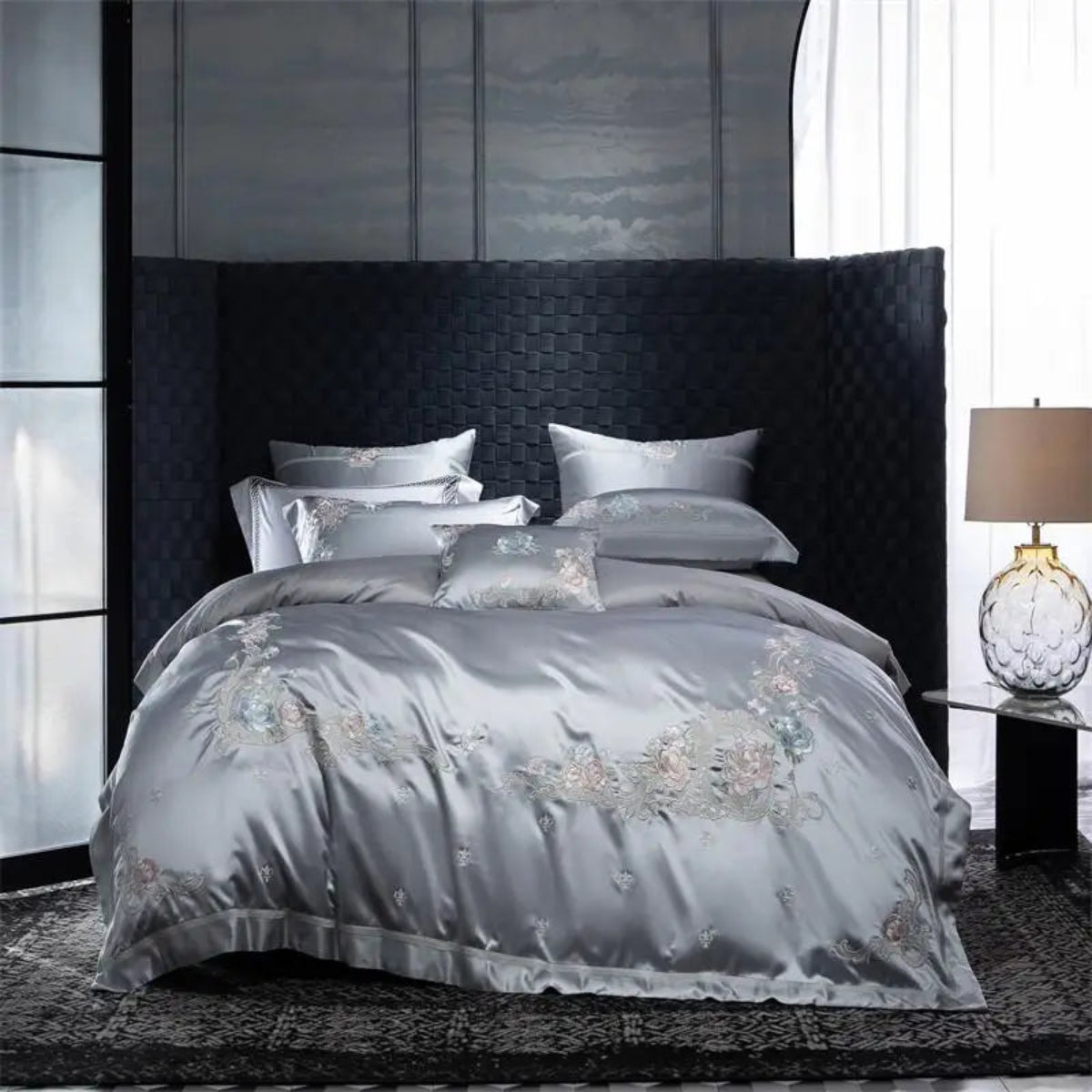 Luxury grey satin cotton bedding set with delicate floral embroidery for modern bedroom 
