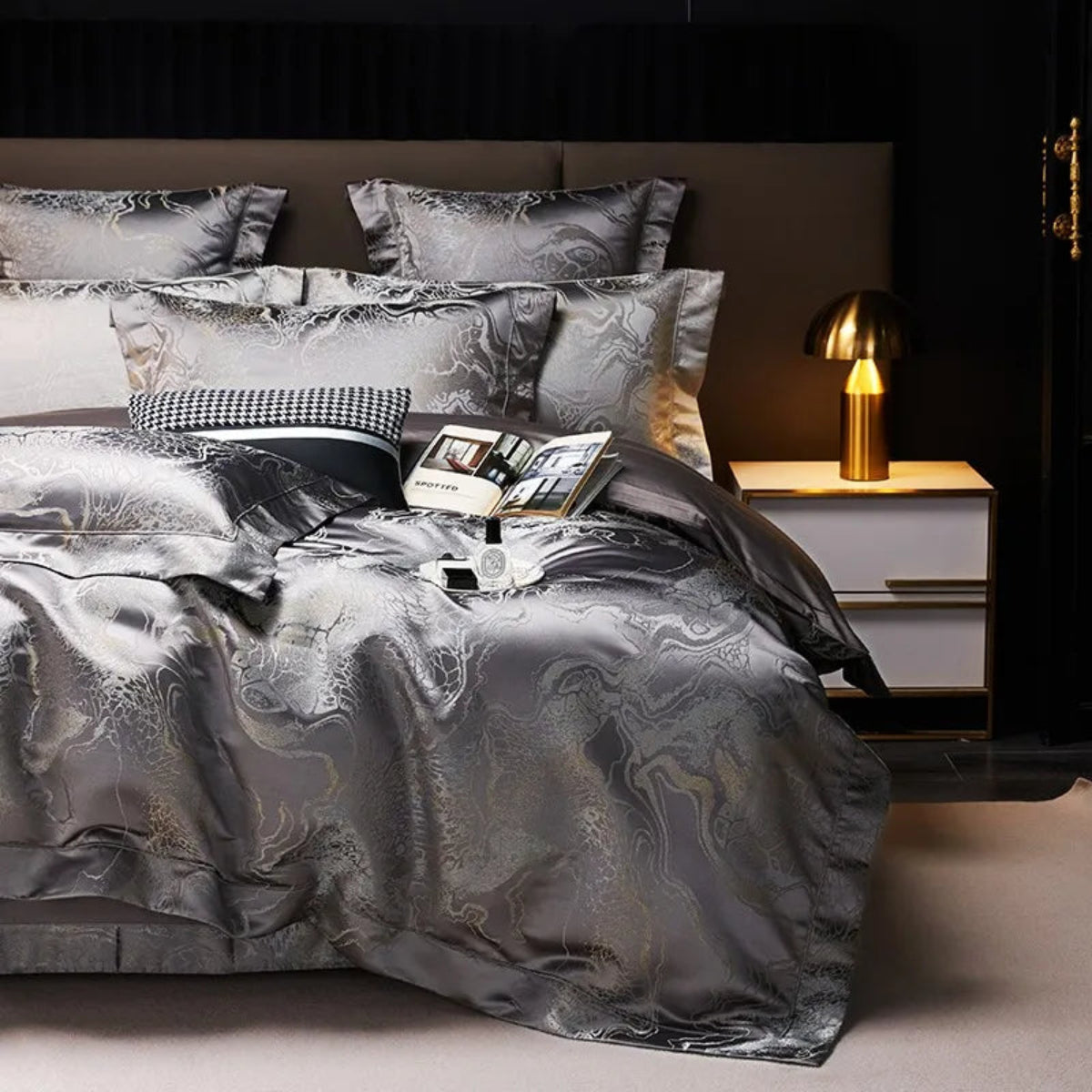LINKORI Royal Deep Grey bedding collection featuring rich charcoal jacquard fabric with Asian imperial patterns