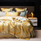 Hotel-polished gold duvet cover with breathable Egyptian cotton reverse, bedside styling, LINKORI
