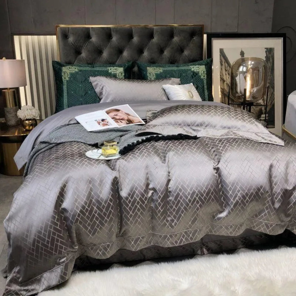 Diamond quilted grey duvet cover luxury bedding set hotel quality Egyptian cotton contemporary design
