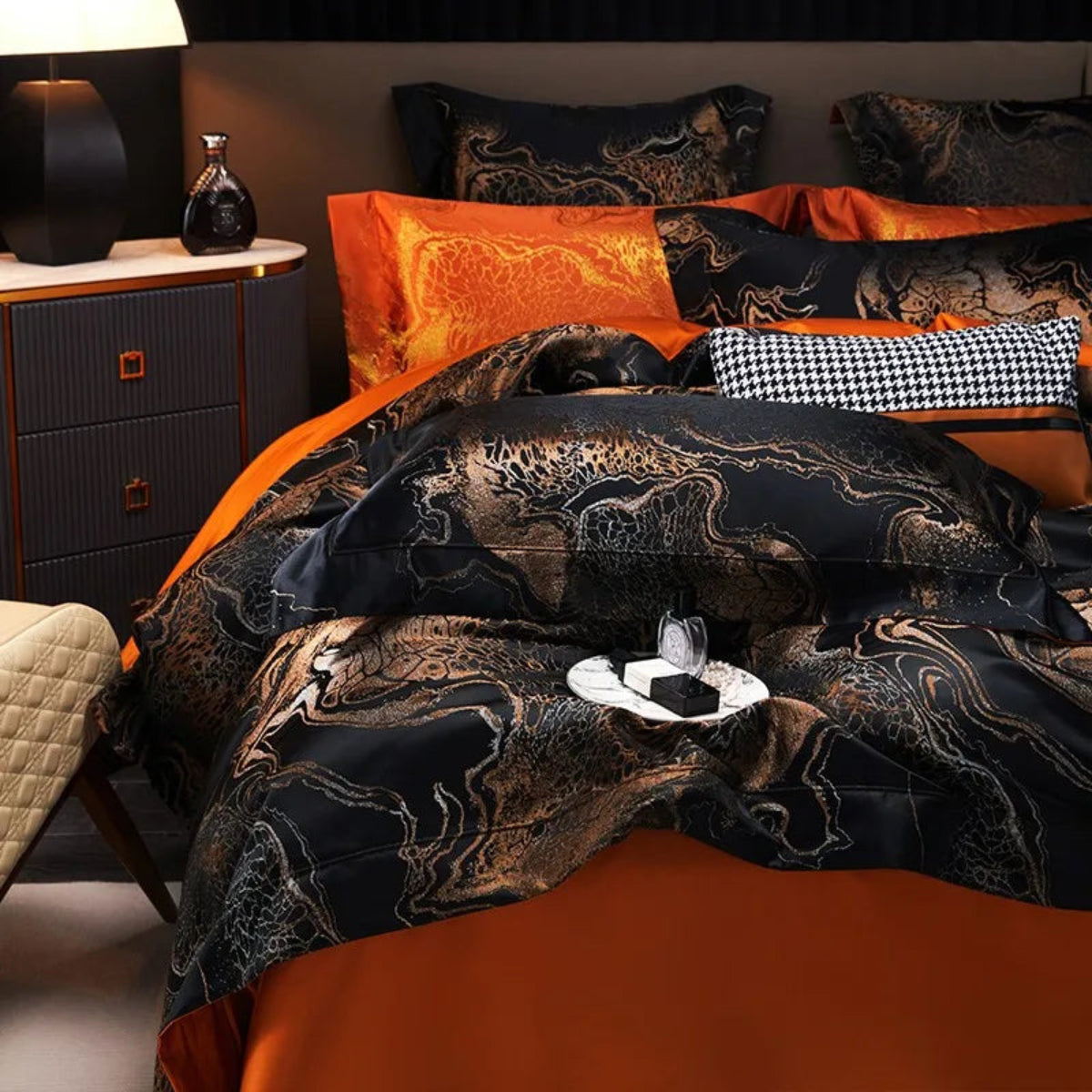 Premium black jacquard duvet set burnt orange flat sheet